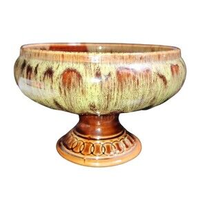 Unmarked Green Drip Glazed Brown Footed Pottery Planter Bowl 6.5"DX4"H